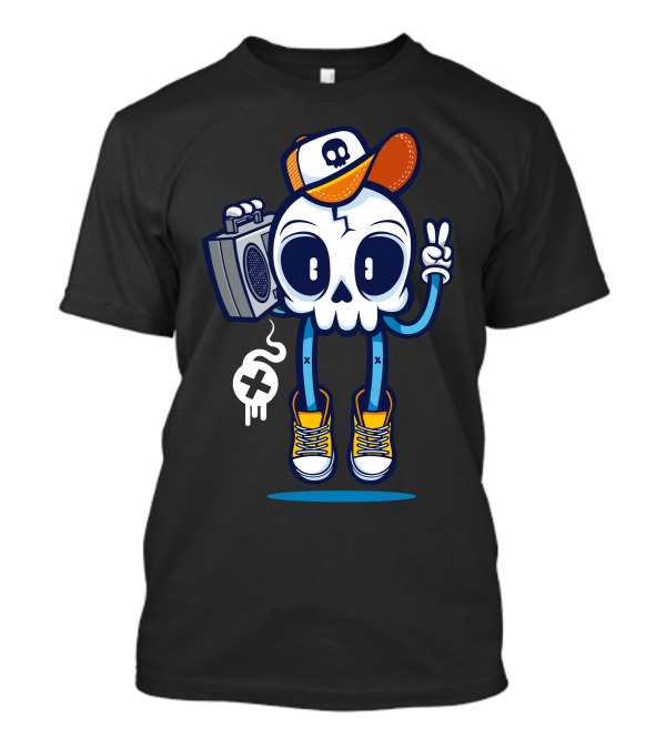 Skull With Boombox And Peace Sign Cap T-Shirt