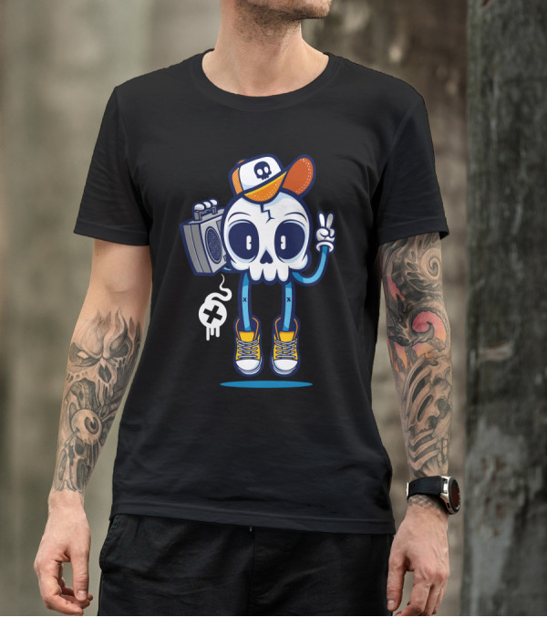Skull With Boombox And Peace Sign Cap T-Shirt