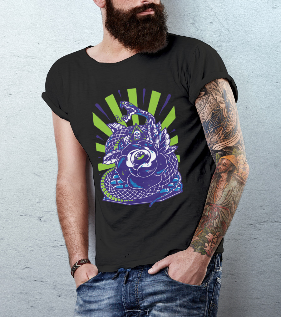 Snake N Rose Skull Pyramid Graphic Botanical Reptile T-Shirt