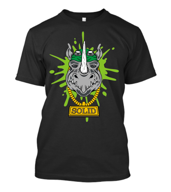 Rhino Head With Solid Label And Green Splatter T-Shirt