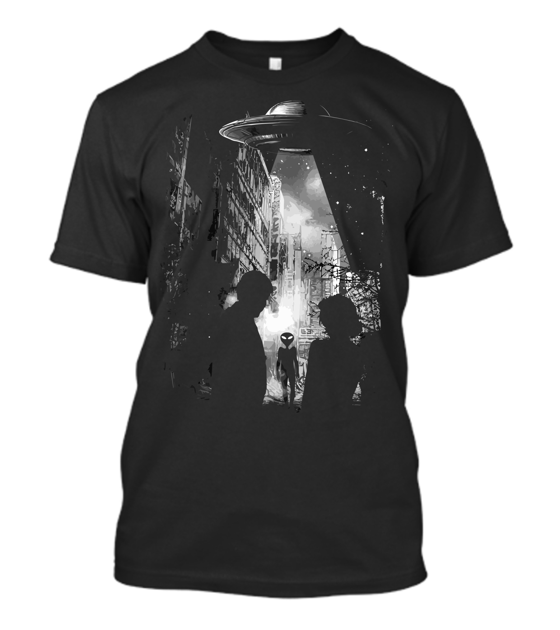 Welcome To Earth Alien UFO Encounter In Futuristic Cityscape T-Shirt