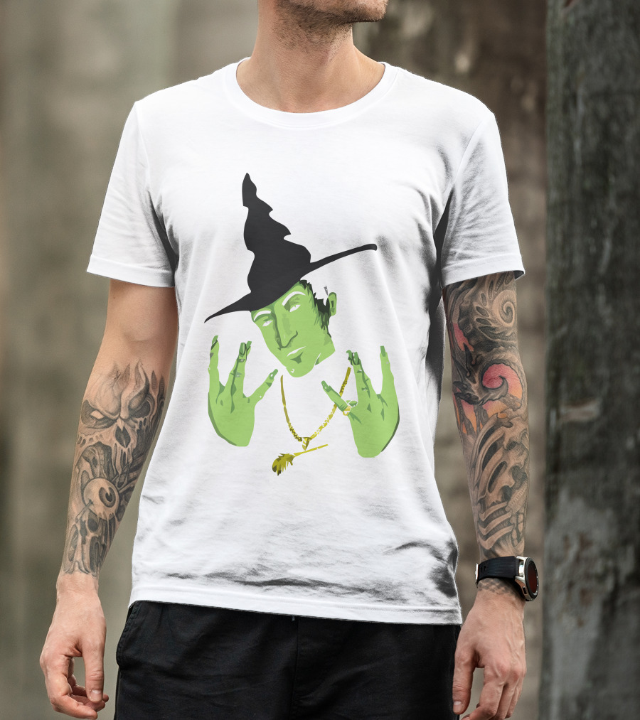 Westside Witch Green Face Gold Chain Black Hat Hand Sign Smoking T-Shirt
