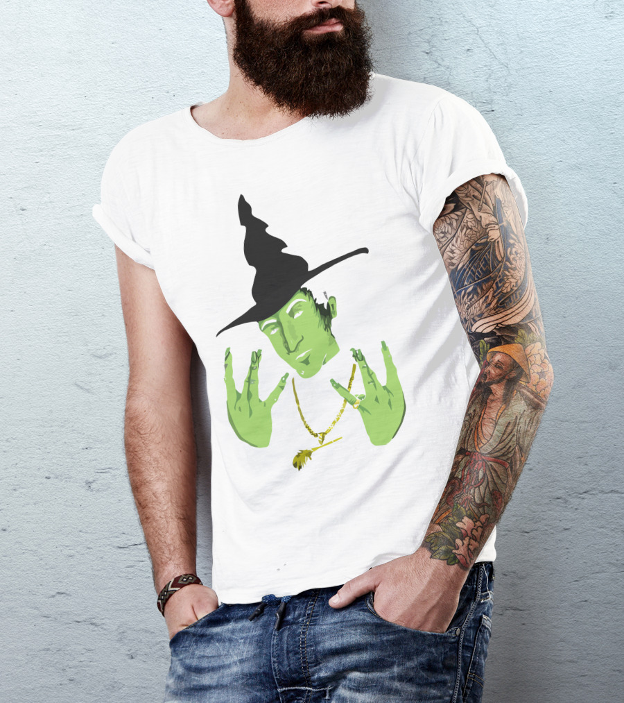 Westside Witch Green Face Gold Chain Black Hat Hand Sign Smoking T-Shirt
