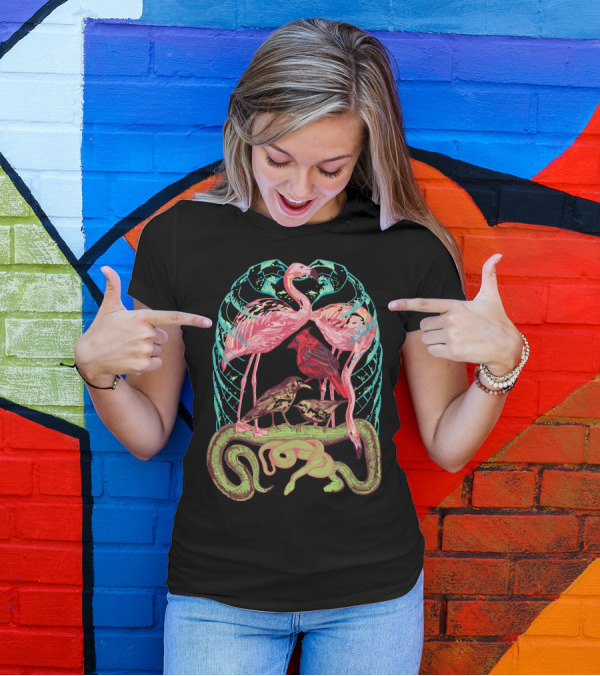 Wild Anatomy Flamingos Crows Owls Serpent And Ribcage T-Shirt