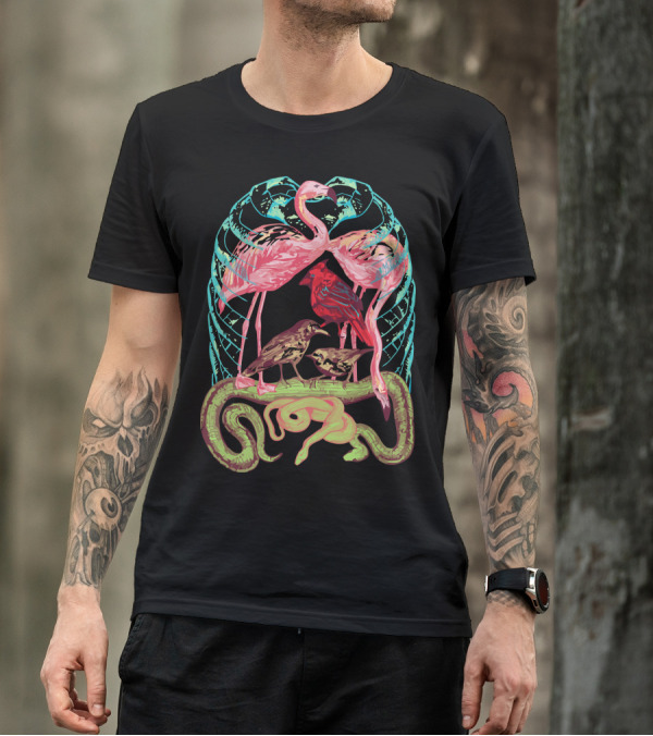 Wild Anatomy Flamingos Crows Owls Serpent And Ribcage T-Shirt