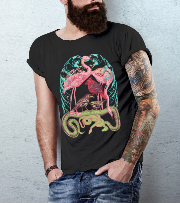 Wild Anatomy Flamingos Crows Owls Serpent And Ribcage T-Shirt