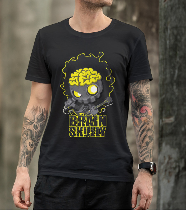 Brain Skully Guitar Playing Yellow Eyeballs T-Shirt