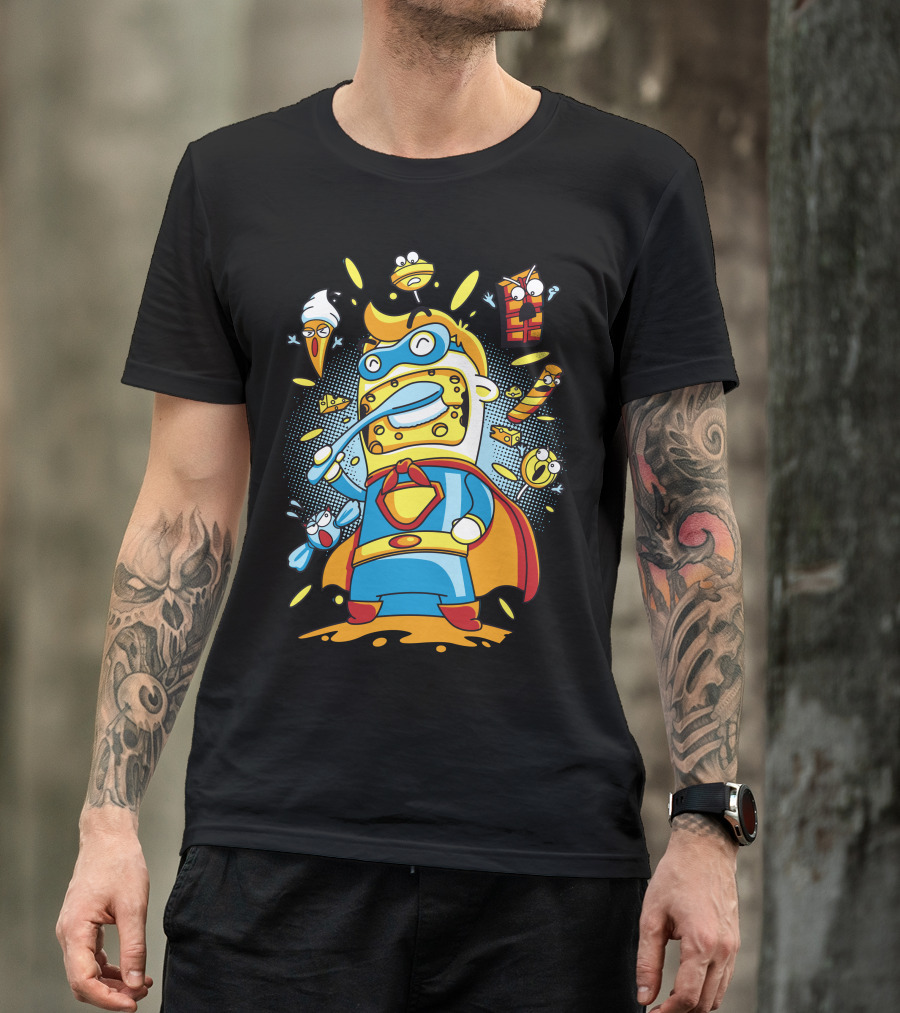 Brush My Cheese Superhero With Cartoon Food Characters T-Shirt