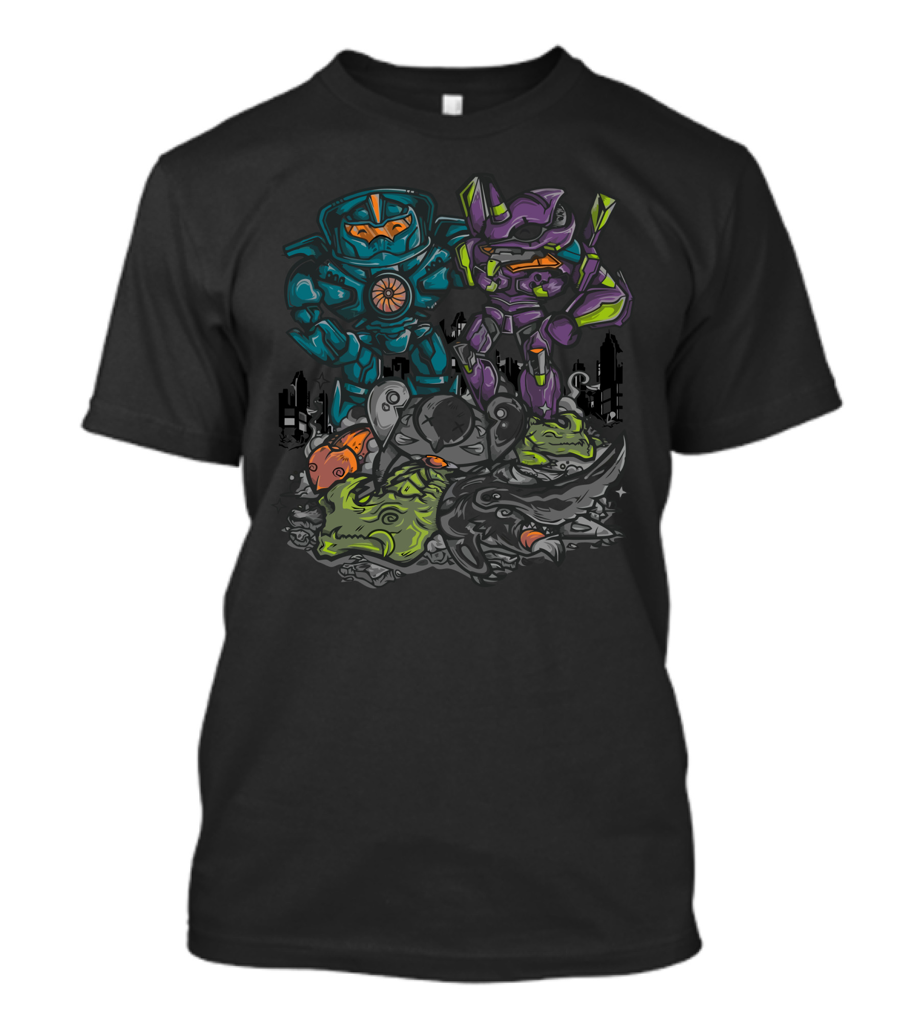 Buddies Vs Apocalypse Mech Battle With Monsters And Cityscape T-Shirt