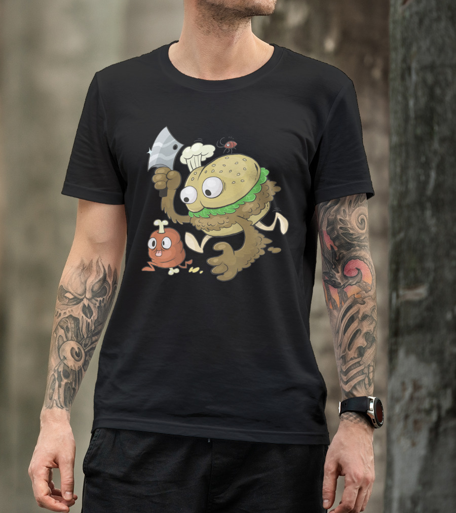 Cahtch A Meat Burger Monster Chef With Cleaver Chasing Chicken Nugget T-Shirt