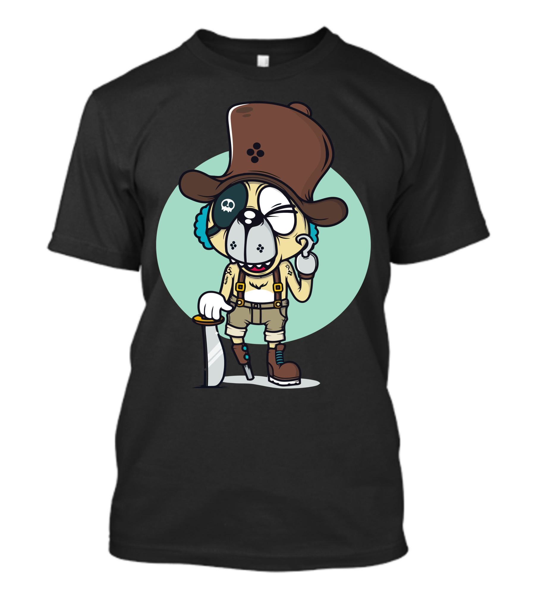 Pirate Dog Captain Chomo Cartoon Brown Hat Monocle Eye Patch T-Shirt