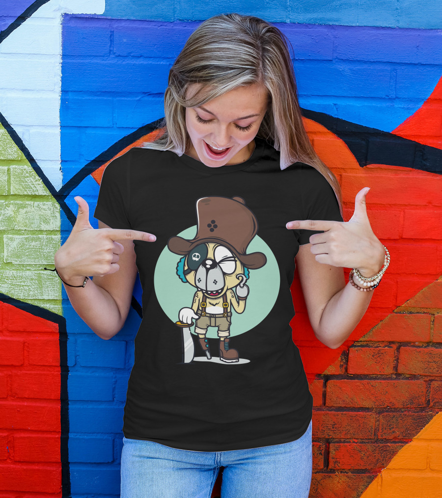 Pirate Dog Captain Chomo Cartoon Brown Hat Monocle Eye Patch T-Shirt