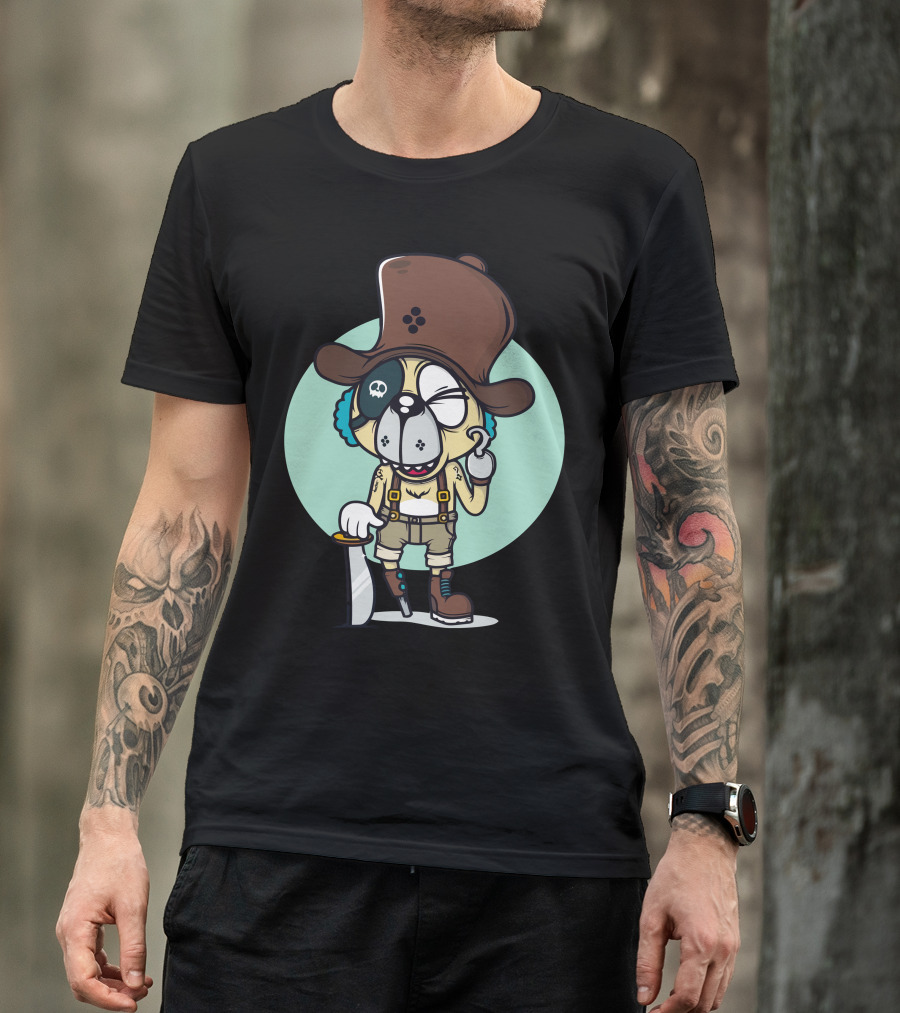 Pirate Dog Captain Chomo Cartoon Brown Hat Monocle Eye Patch T-Shirt