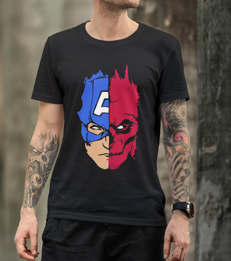 Captain America Vs Hydra Red Skull Half-Face Split T-Shirt