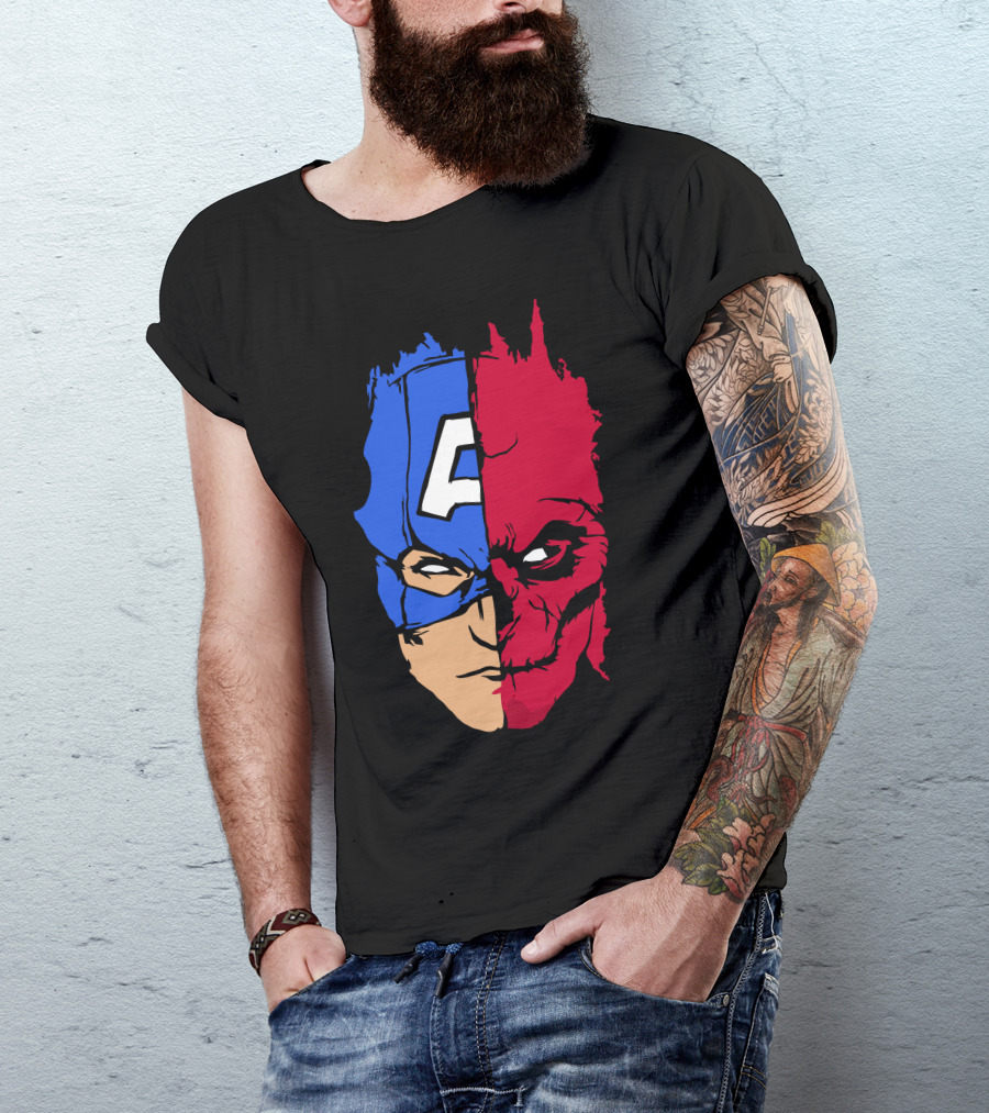 Captain America Vs Hydra Red Skull Half-Face Split T-Shirt