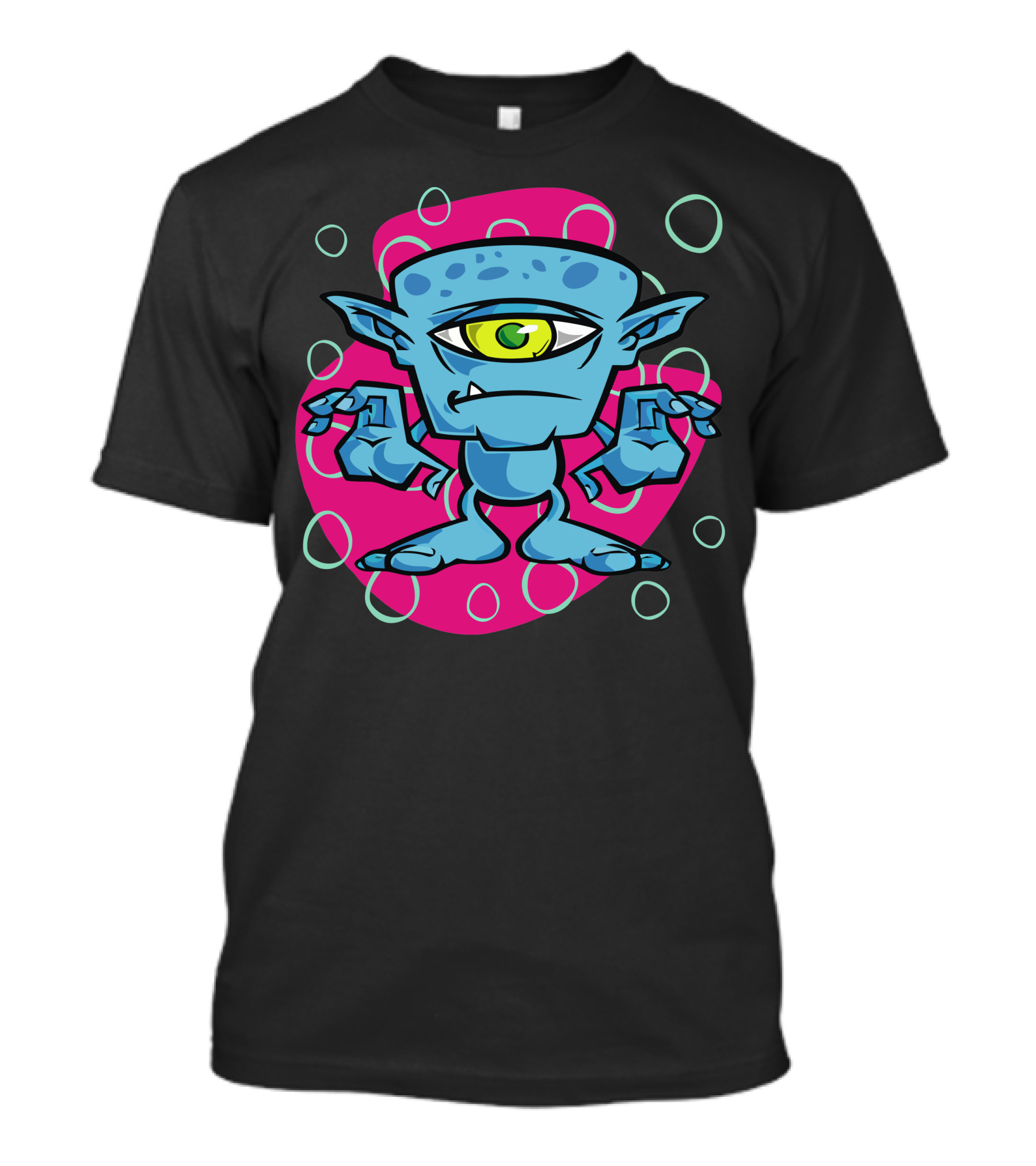 Cartoon One Eyed Space Monster With Blue Skin And Pink Background Circles T-Shirt