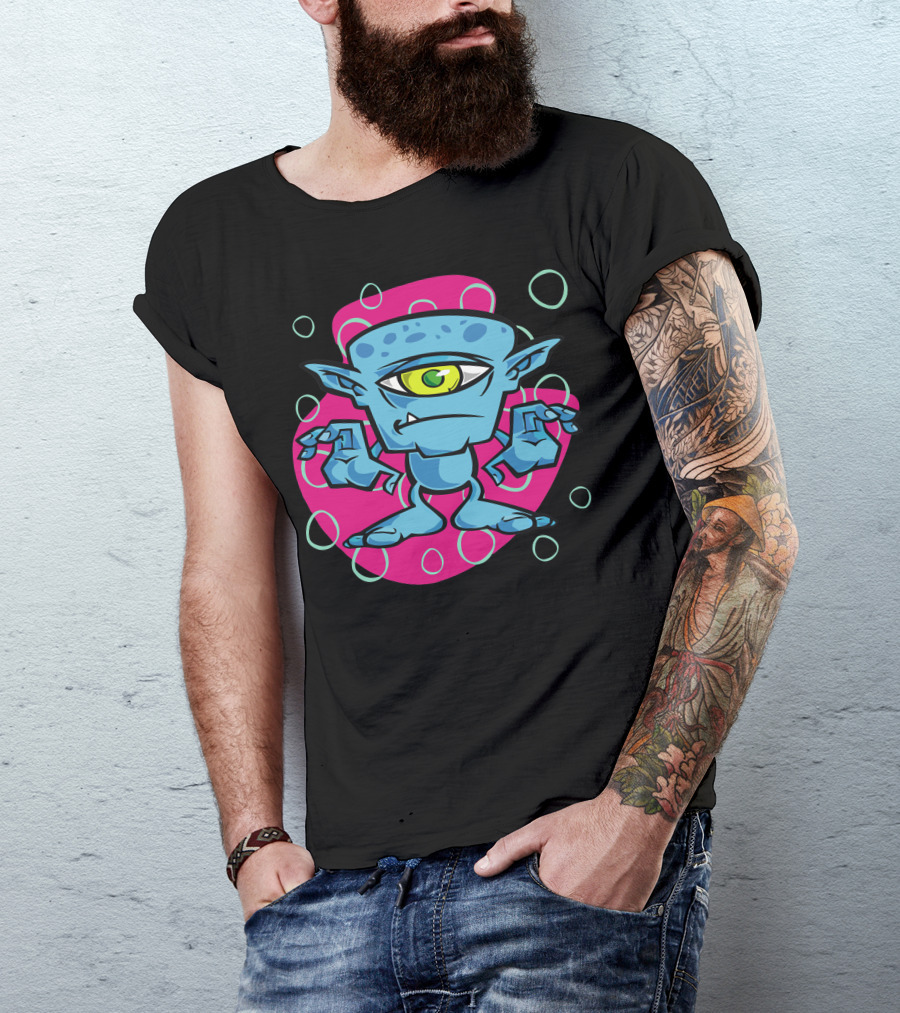Cartoon One Eyed Space Monster With Blue Skin And Pink Background Circles T-Shirt