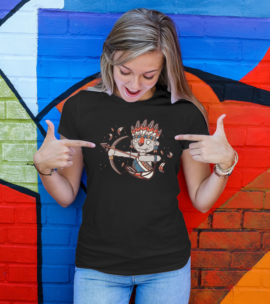 Catkin Tribal Archer With Feather Headdress And Bow And Arrow T-Shirt