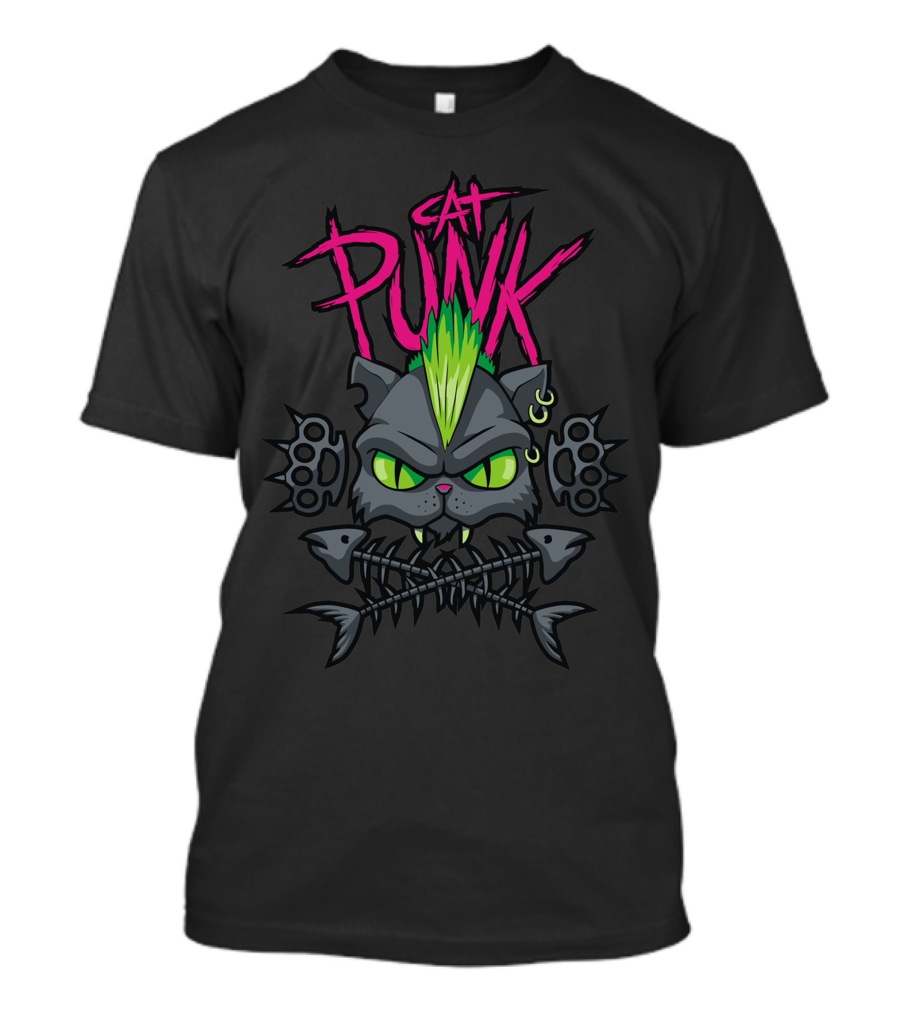 CAT PUNK Mohawk Feline With Piercings And Fishbone Crossbones T-Shirt