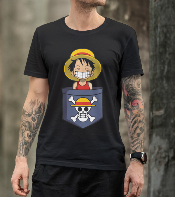 One Piece Luffy Straw Hat Pirate In Pocket T-Shirt