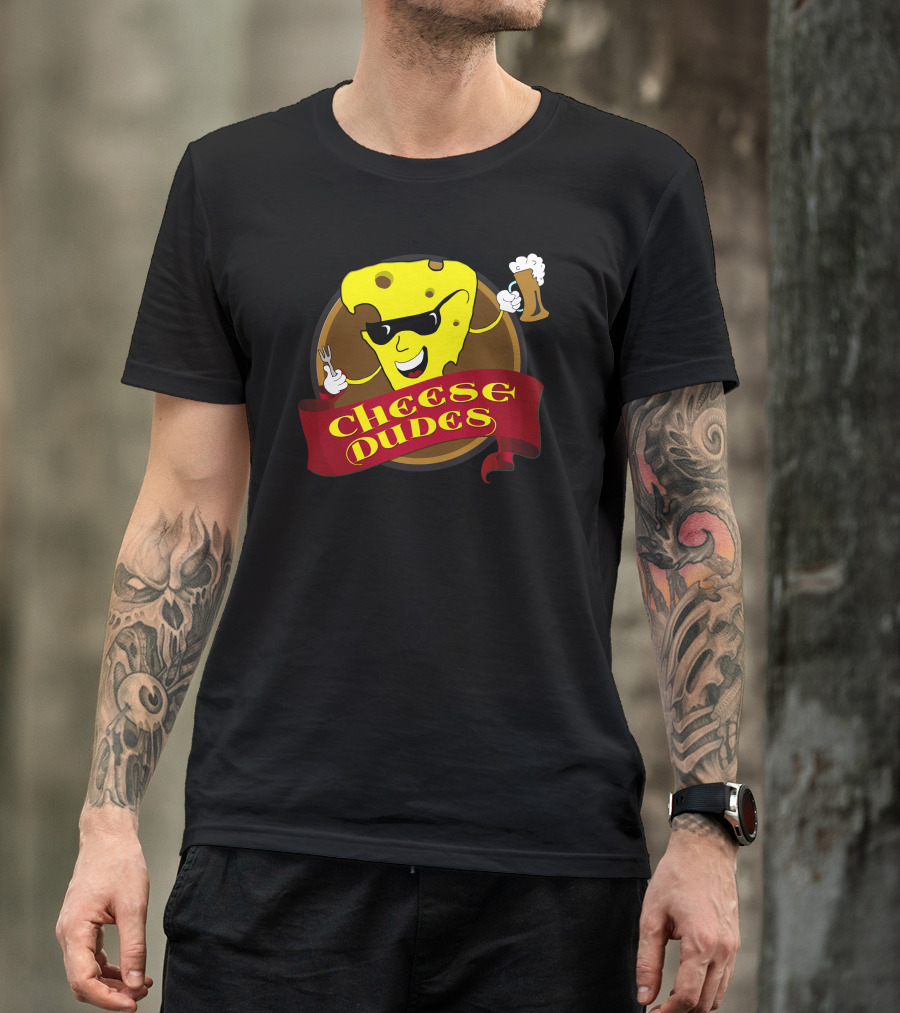 Cheese Dudes Cool Cheese Character With Shades Holding Beer And Fork T-Shirt