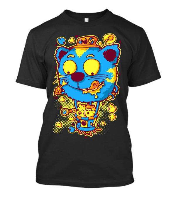 Chickens And Cat Balloon Adventure Whimsical Cartoon Teal Blue Yellow T-Shirt