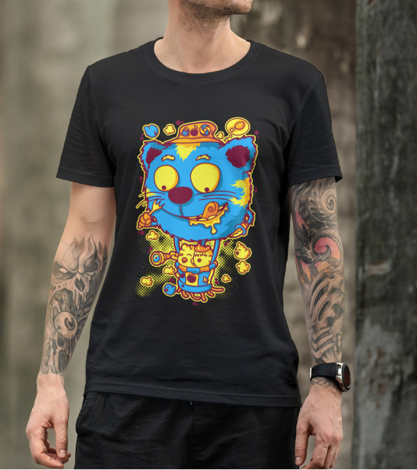 Chickens And Cat Balloon Adventure Whimsical Cartoon Teal Blue Yellow T-Shirt