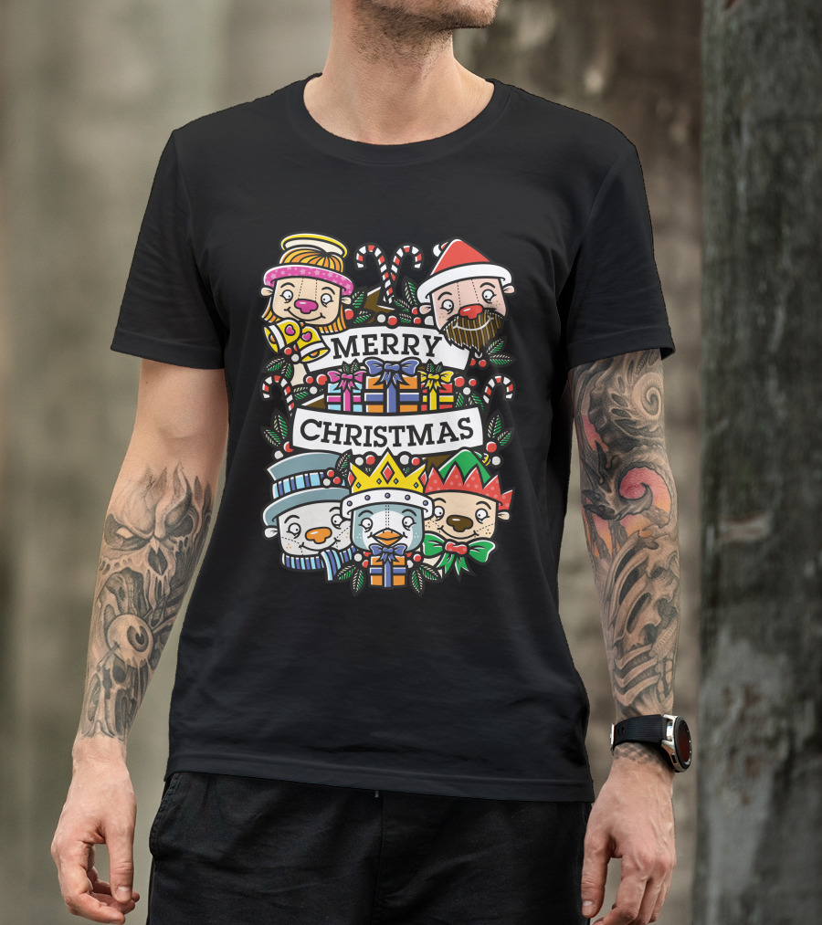 Merry Christmas Festive Characters With Candy Canes And Gifts T-Shirt