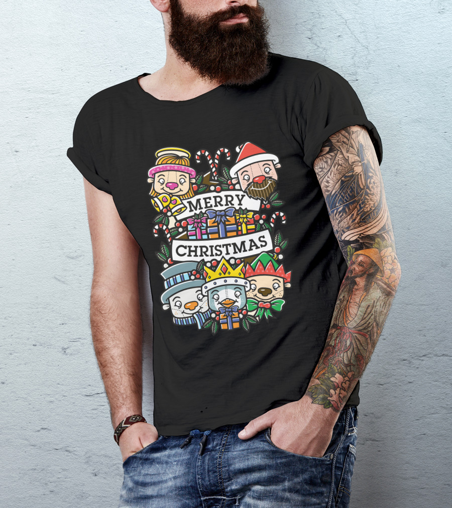 Merry Christmas Festive Characters With Candy Canes And Gifts T-Shirt