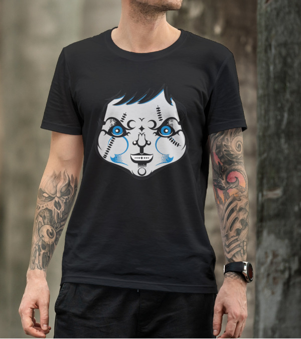 Chucky La Poupee De Sang Creepy Doll Face With Stitches And Blue Highlights T-Shirt