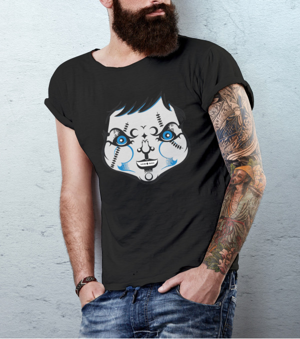 Chucky La Poupee De Sang Creepy Doll Face With Stitches And Blue Highlights T-Shirt