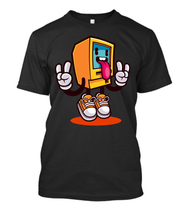Computer Rock Cartoon Character With Sneakers And Peace Signs T-Shirt