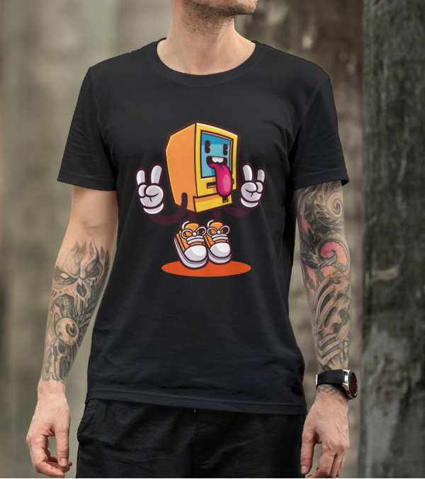 Computer Rock Cartoon Character With Sneakers And Peace Signs T-Shirt