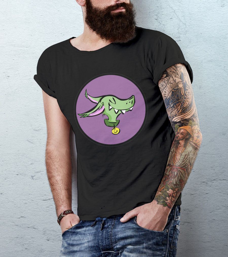 Goggie Green Creature With Gold Bell Purple Background T-Shirt