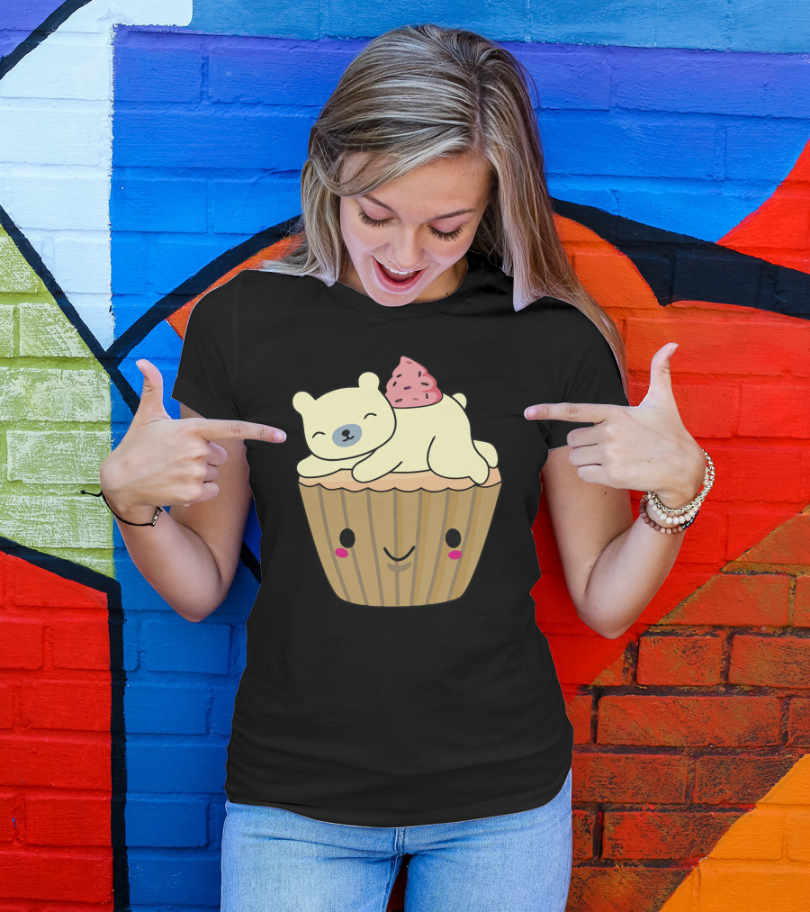 Cute Polar Bear Resting On Smiling Cupcake With Pink Frosting T-Shirt