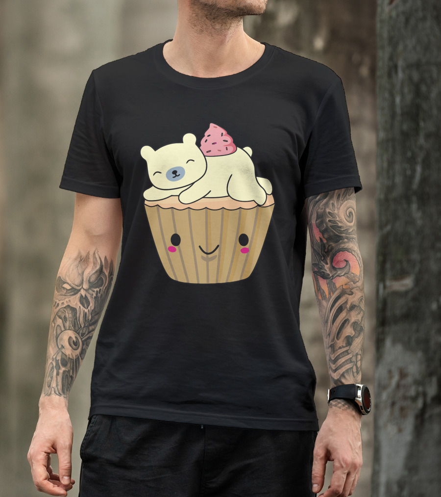 Cute Polar Bear Resting On Smiling Cupcake With Pink Frosting T-Shirt