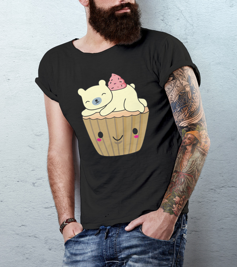 Cute Polar Bear Resting On Smiling Cupcake With Pink Frosting T-Shirt