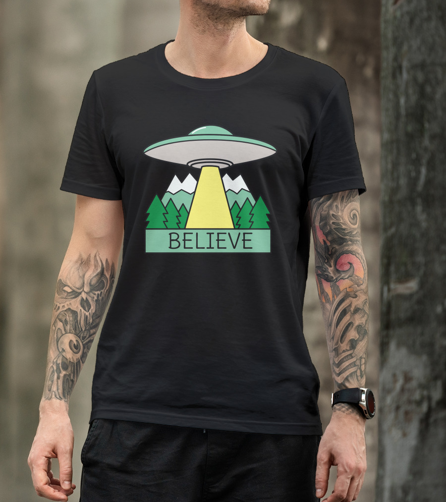 Believe UFO Mountain Forest Scene T-Shirt