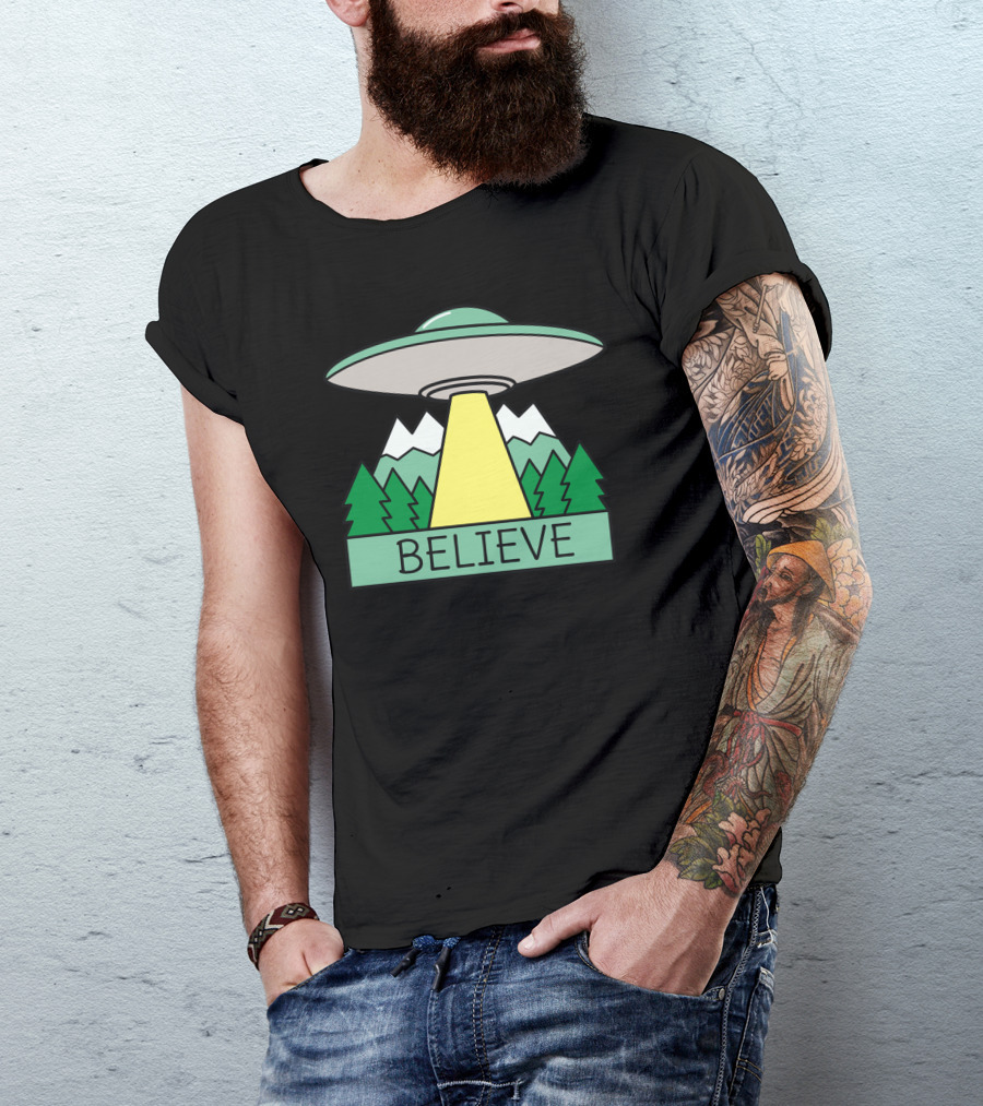 Believe UFO Mountain Forest Scene T-Shirt