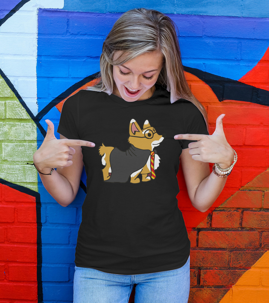 Corgi Potter Wizard Dog With Glasses And Scarf T-Shirt