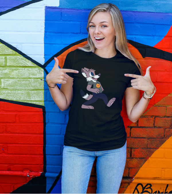 Coyo Walking Cartoon Character With Red Star T-Shirt