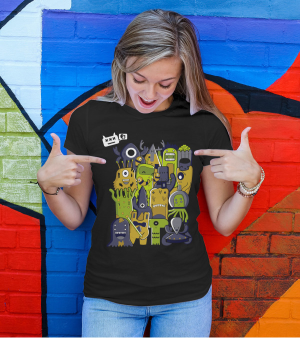 Creatures From Outer Space Alien Cartoon Monsters Comic Doodles T-Shirt