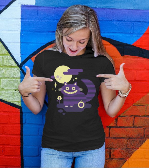Cheshire Cat Grinning Under Full Moon With Clock And Stripe T-Shirt