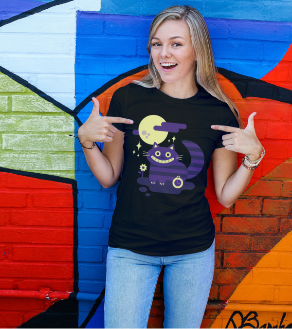Cheshire Cat Grinning Under Full Moon With Clock And Stripe T-Shirt
