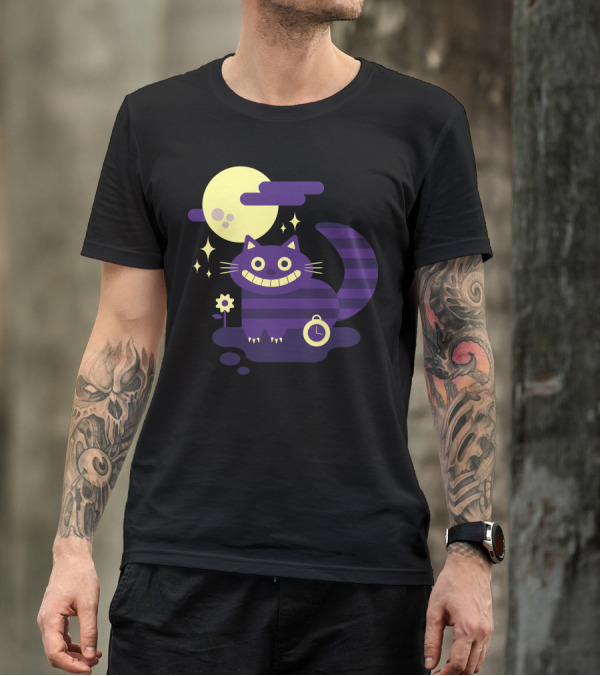 Cheshire Cat Grinning Under Full Moon With Clock And Stripe T-Shirt