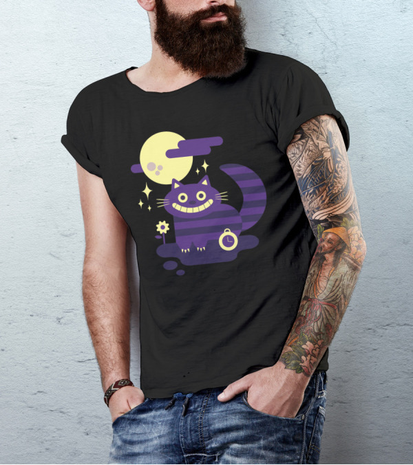 Cheshire Cat Grinning Under Full Moon With Clock And Stripe T-Shirt