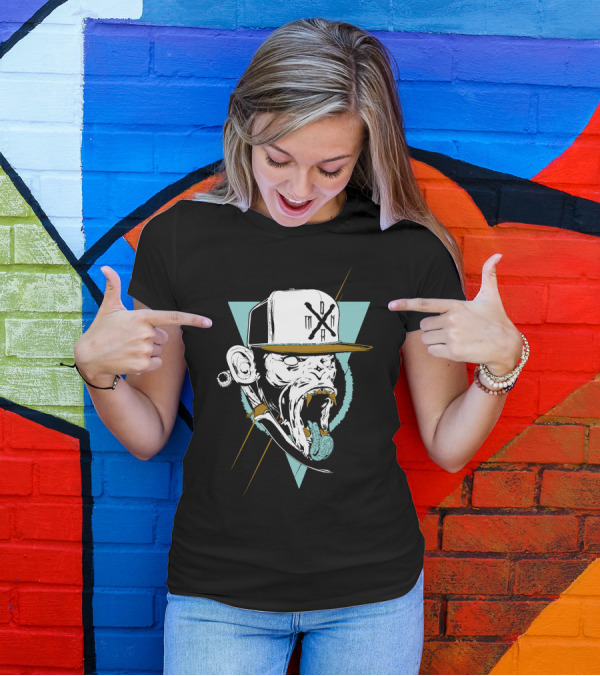 Monkey Head With Cap And Tongue Out In Geometric T-Shirt