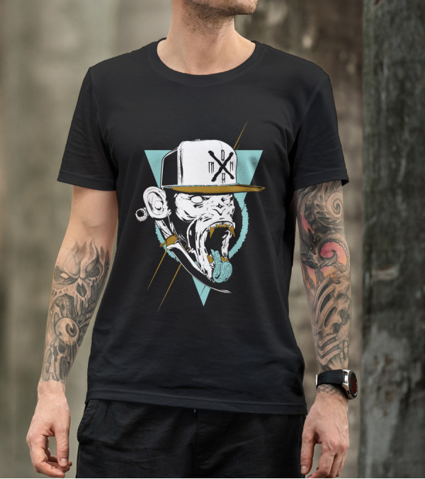 Monkey Head With Cap And Tongue Out In Geometric T-Shirt