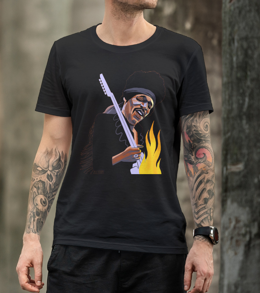 Jimi Hendrix Playing Guitar With Flames T-Shirt