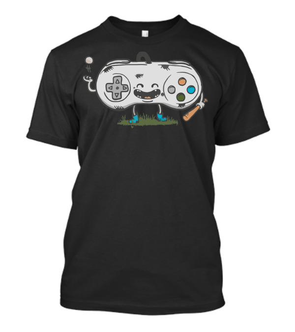 Old School Gamer Happy Controller Character With Baseball Bat T-Shirt
